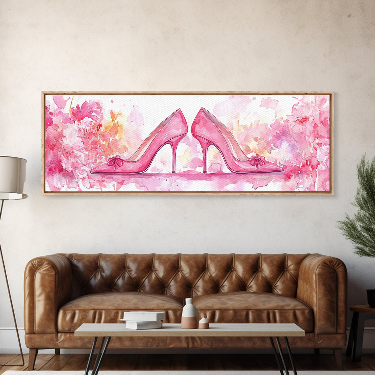 Feminine High Heel Art Framed Canvas Print Pink Wall Art Fashion Inspired Décor Bedroom Living Room Artwork Light Pastel Art Gift