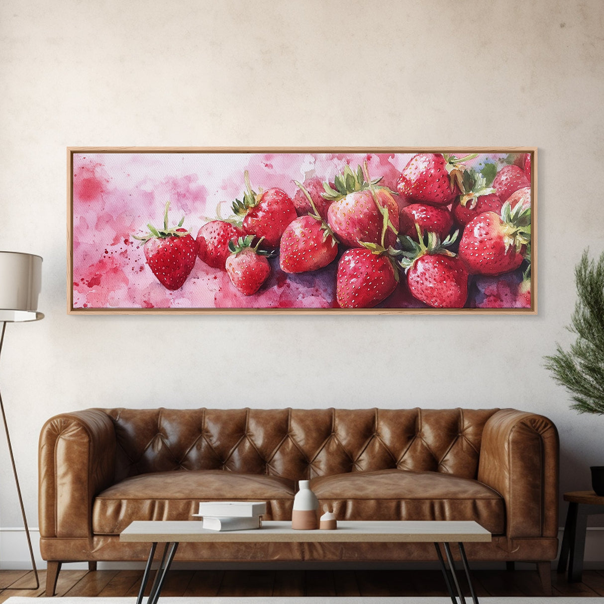 Framed Canvas Print of Bright Strawberry Botanical Prints in Pink for Rustic Kitchen Wall Art or Farmhouse Dining Room Decor