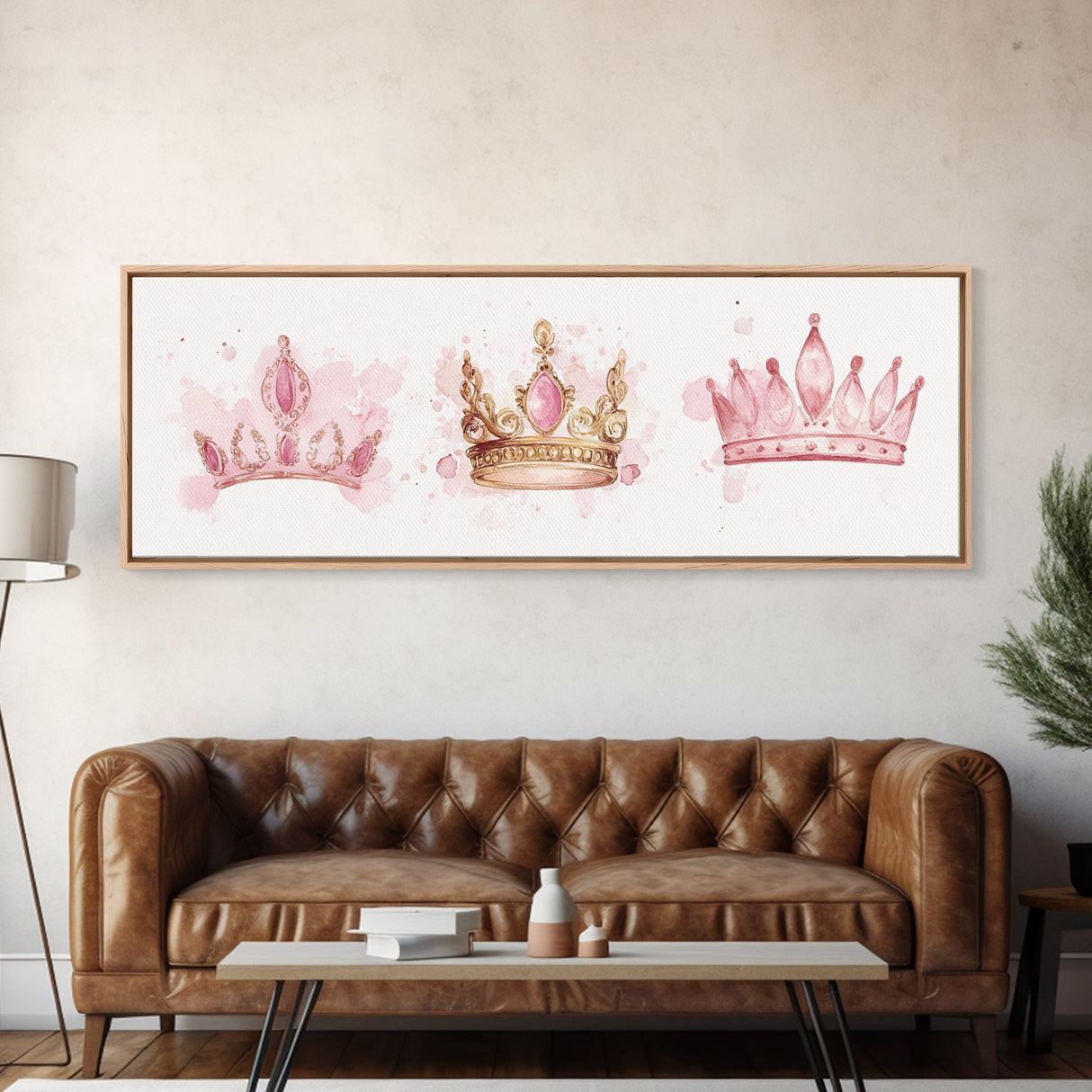 Framed Canvas Print of Elegant Crowns in Pink and Gold Perfect Gift Idea or Dorm Room Light Pink Wall Art with Royal Aesthetic