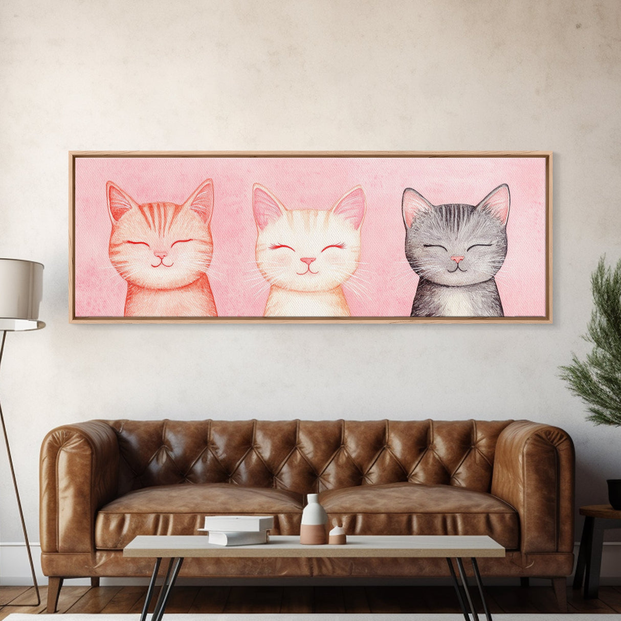 Framed Canvas Print of Whimsical Cat Portraits in Pink Shades Featuring Cute Wall Art for Pet Lovers’ Room or Playful Dorm Decor