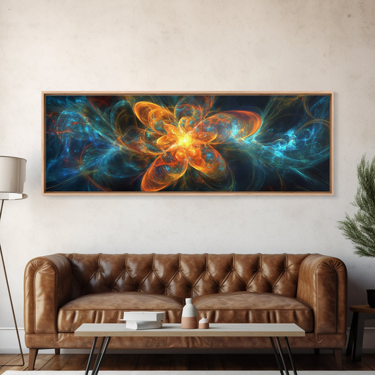 Fiery Blossom Framed Canvas Print Blossom Painting Artwork Nature-Inspired Wall Art Living Room Horizontal Decor