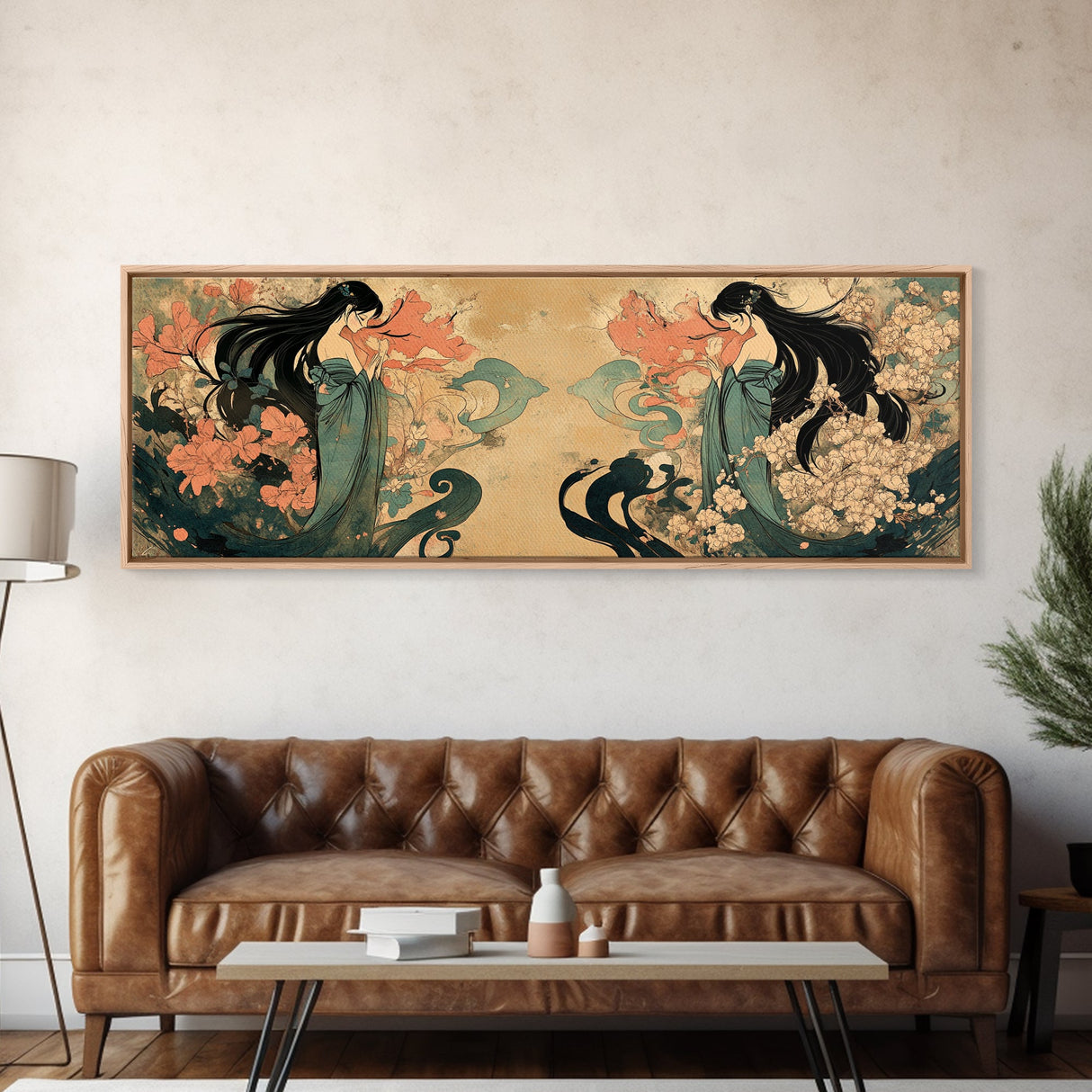 Art Nouveau Framed Canvas Print Goddess Art Print Feminine Boho Artwork Wildflower Wall Art Bedroom Artwork Guest Room Decor