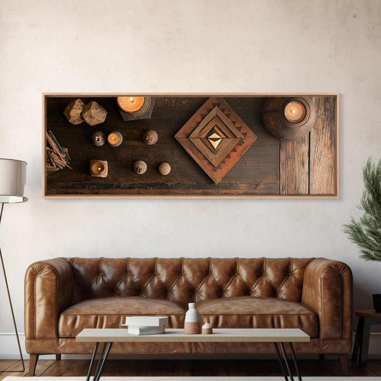 Wabi Sabi Framed Canvas Print Wooden Geometric Art Sacred Geometry Modern Rustic Decor Living Room Unique Gift Idea