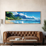 Tropical Paradise Beach Framed Canvas Print - Panoramic Hawaii Coastal Painting, Nautical Wall Art, Ocean View Living Room Wall Decor