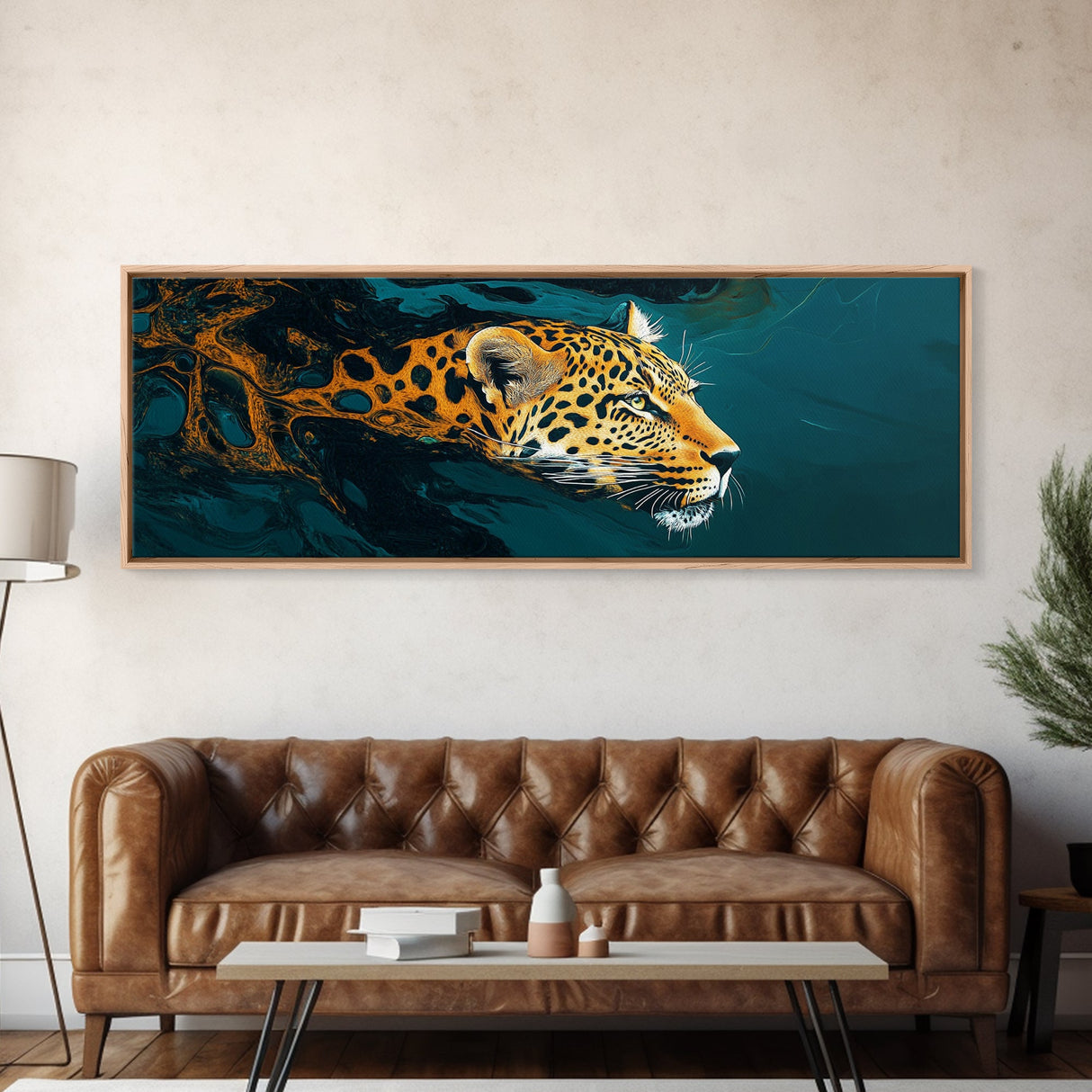 Leopard In Motion Framed Canvas Print - Abstract Jungle Painting, Teal And Orange Wildcat Art, Modern Safari Wall Decor, Bedroom Accent