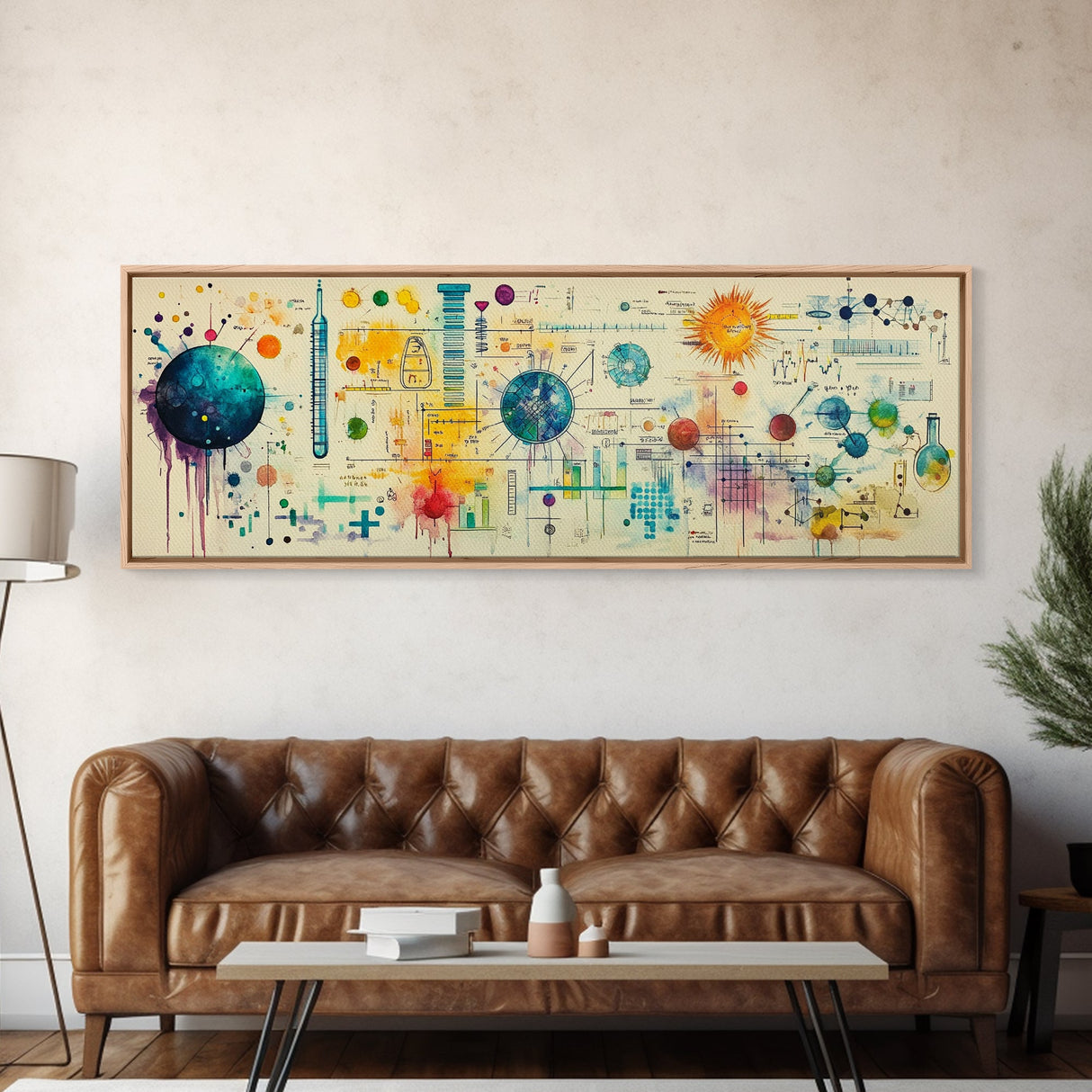 Framed Canvas Print of Science Art with Abstract Diagrams, Therapy Art, Brain Art, Panoramic Wall Art, Horizontal Living Room Art