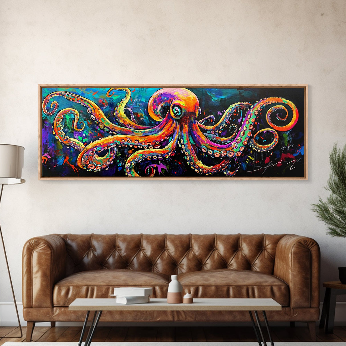 Octopus Art Canvas Print with Bright Neon Colors, Whimsical Art, Coastal Decor, Nautical Wall Art, Tall Skinny Art, Above Bed Wall Art