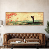 Golf Swing Elegance Framed Canvas Print – Rustic Decor, Golf Art, Panoramic Painting, Horizontal Wall Art, Gift Idea For Him