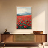 Scenic Poppy Field Framed Canvas Print, Rustic Landscape Painting, Bedroom Art, Farmhouse Wall Decor, Extra Wide Rustic Art