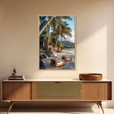 Vibrant Palm Tree Beach Framed Canvas Print – Coastal Decor Wall Art, Hawaiian Landscape Painting, Tropical Nautical Wall Art
