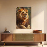 Regal Lion Oil Painting Framed Canvas Print – Rustic Decor Wall Art, African Lion Wildlife, Above Couch Art, Bold Statement Piece