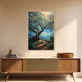 Majestic Oak Tree Framed Canvas Print – Oak Tree Art, Rustic Landscape Painting, Above Sofa Wall Art, Wabi Sabi Living Room Decor