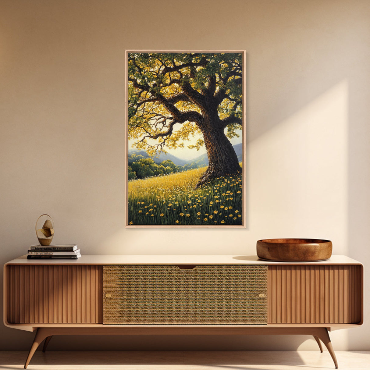 Vibrant Meadow Tree Canvas Print Rustic Wall Art Wildflower Landscape Painting Living Room Artwork Above Sofa Art Fall Decor