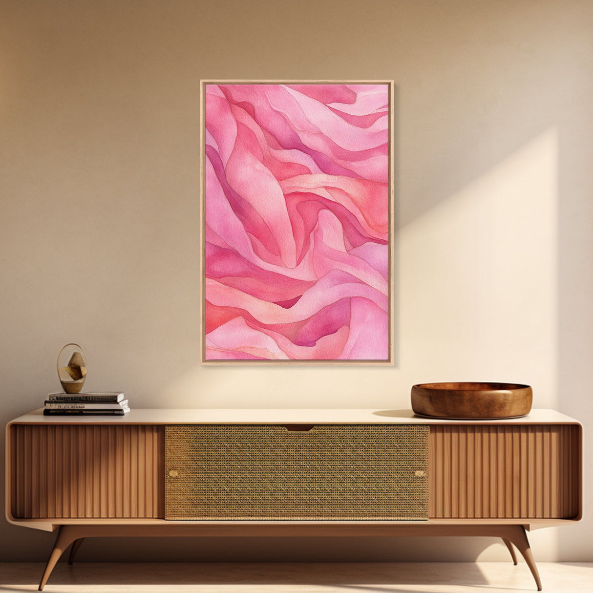 Flowing Abstract Pink Wave Art Framed Canvas Print | Feminine and Minimalist Bedroom or Living Room Aesthetic | Whimsical Art Decor