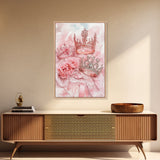 Elegant watercolor crowns and roses painting, framed canvas print, rose painting, goddess art print, chic pink wall art for living room