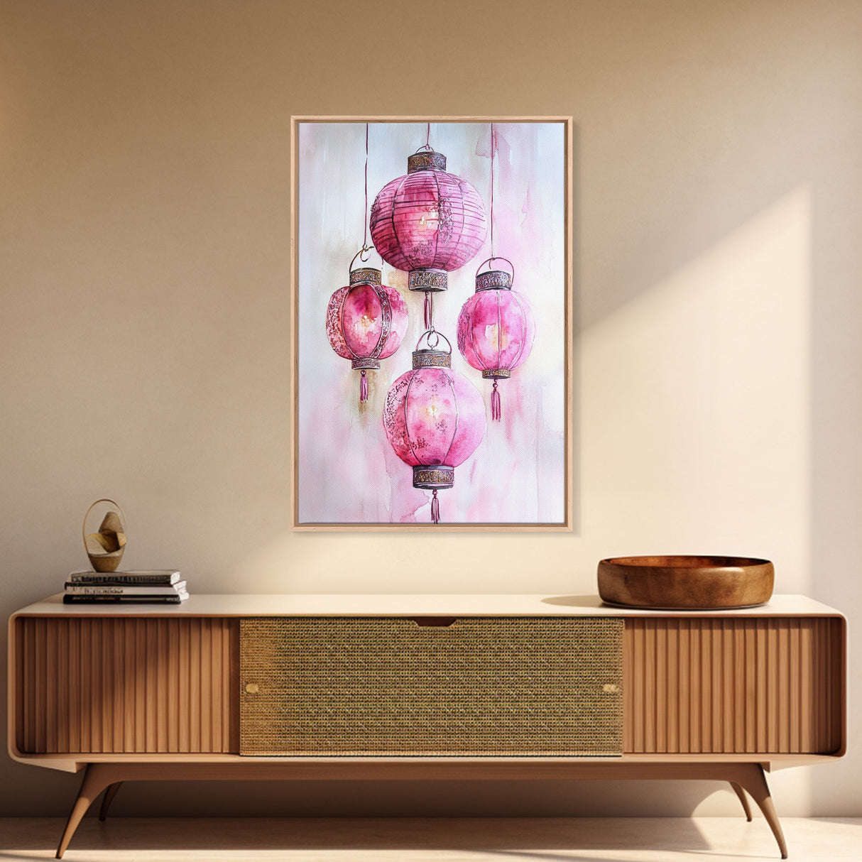 Pink Lanterns Framed Canvas Print, Chinoiserie Wall Art, Cozy Living Room Decor, Boho Aesthetic, Vertical Oriental Light Pink Wall Art