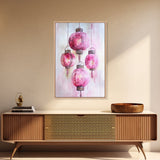 Pink Lanterns Framed Canvas Print, Chinoiserie Wall Art, Cozy Living Room Decor, Boho Aesthetic, Vertical Oriental Light Pink Wall Art