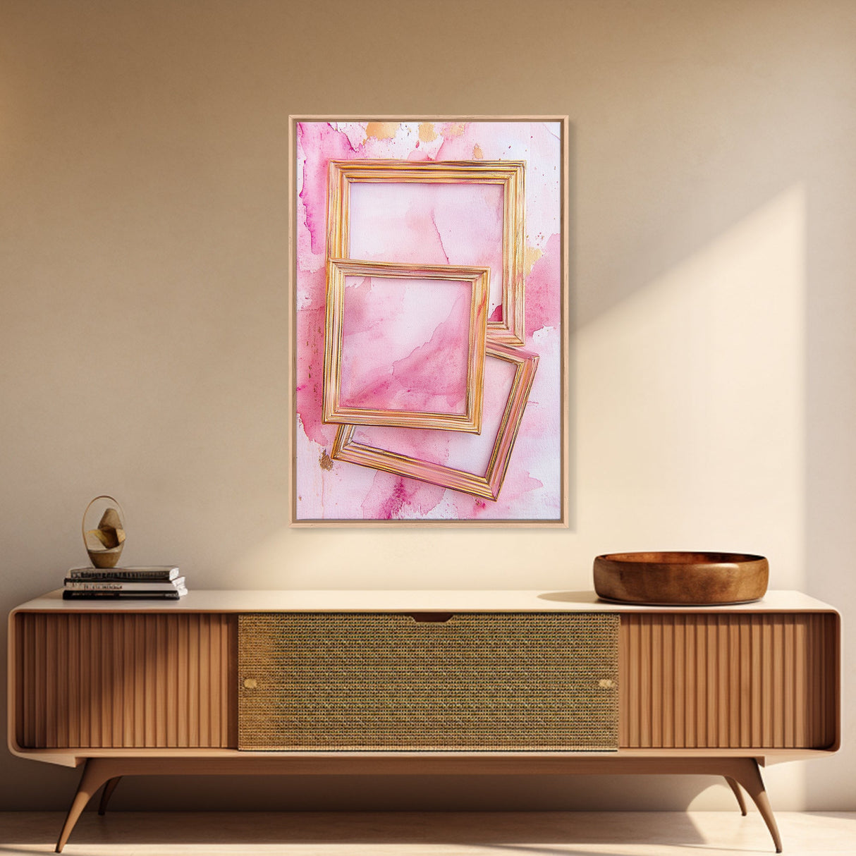 Golden Frames on Pink Canvas Print | Abstract Minimalist Wall Art | Rustic Gold Decor | Wabi Sabi Aesthetic | Living Room Accent | Gift Idea