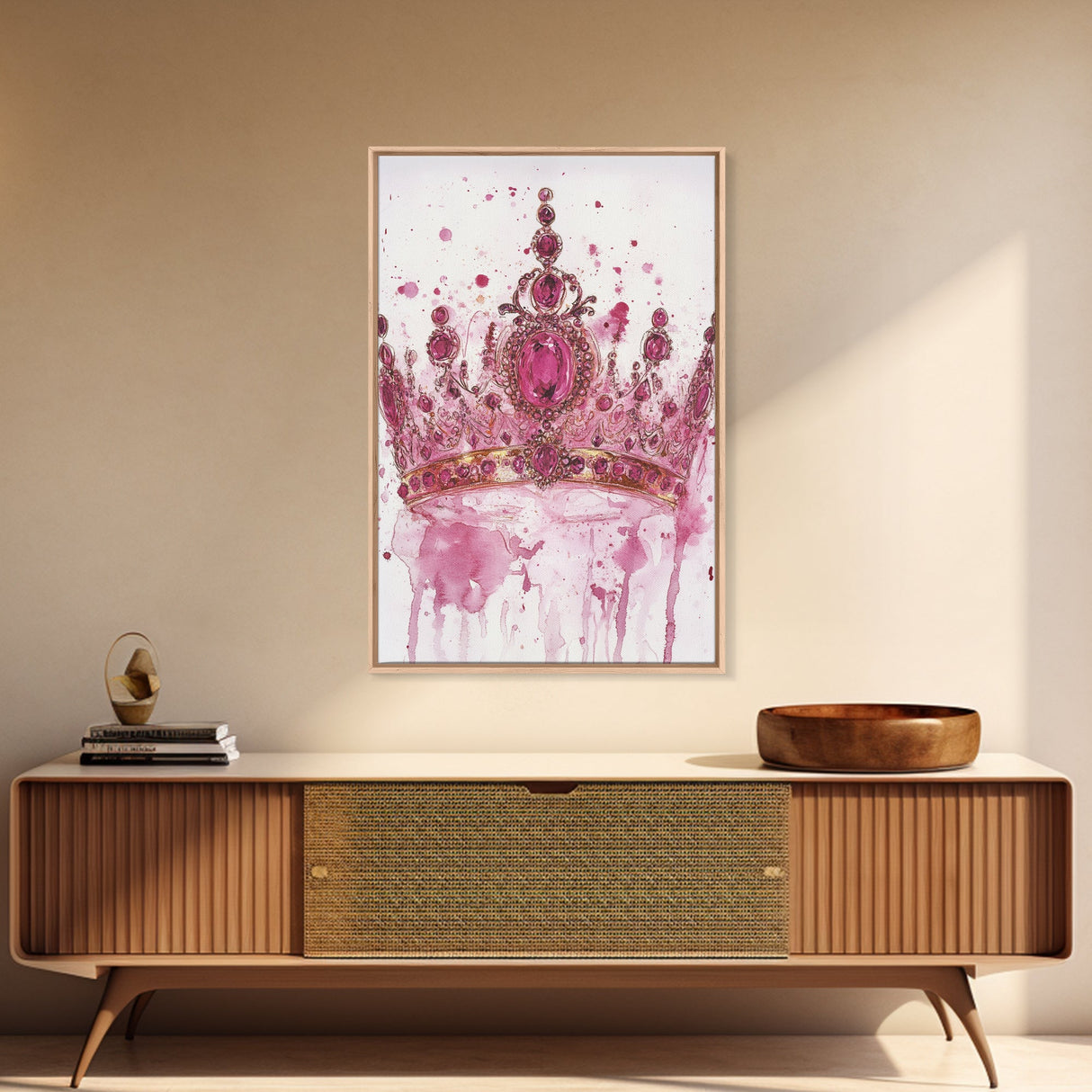 Regal jeweled crown painting featuring framed canvas print, moody art, pink wall art for dorm, unique goddess art print decor