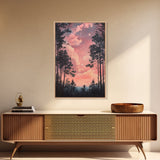 Starry forest scene painting on framed canvas print, forest at dusk painting, smoky mountain art, wabi sabi art, above couch decor