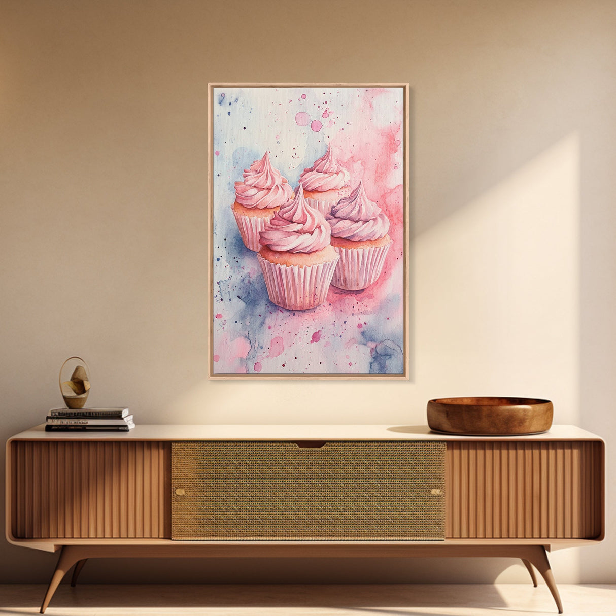 Pink frosted cupcake painting on framed canvas print, whimsical art, food review kitchen art, living room art, guest room decor