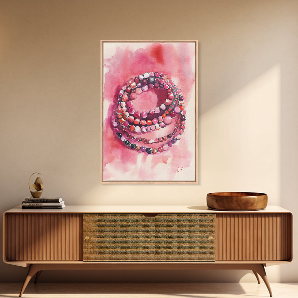 Vibrant gemstone bracelet painting with framed canvas print, gemstone painting, pink abstract art, moody art, living room decor