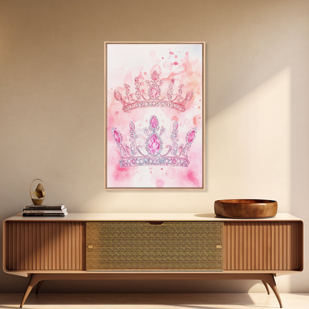 Twin jeweled crown painting featuring framed canvas print, whimsical art, light pink wall art, goddess art print, gift idea decor