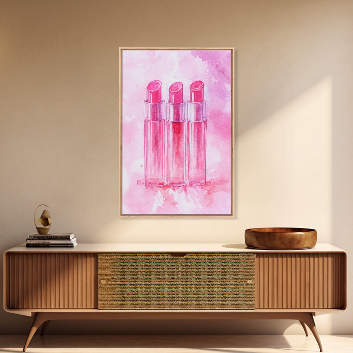 Light Pink Lipstick Trio Canvas Print, Whimsical Art, Makeup Wall Art, Pink Abstract Art, Feminine Decor, Bedroom Art, Gift Idea for Her
