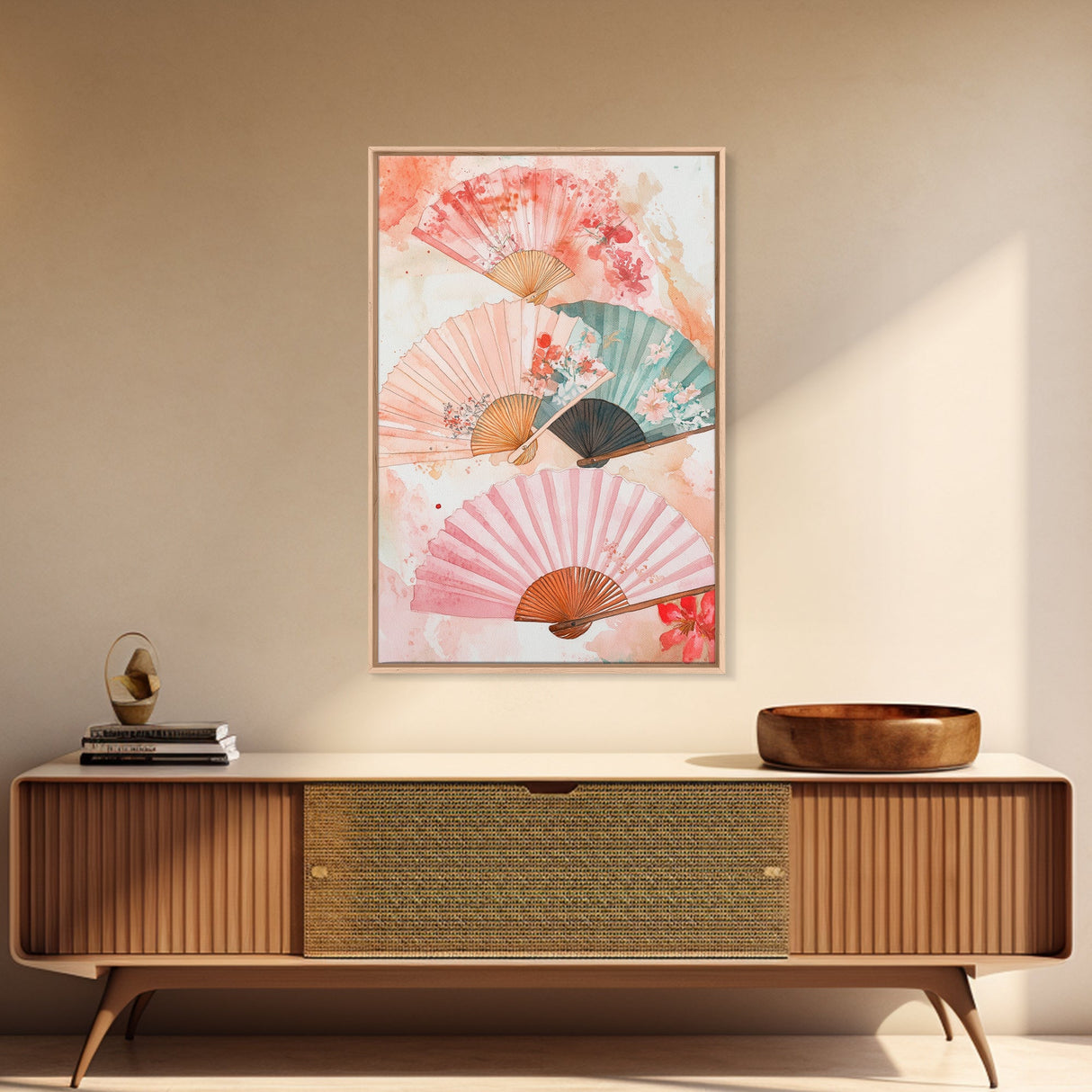 Japanese Fan Art Canvas Print Cherry Blossom Painting Chinoiserie Wall Art Boho Decor Vertical Wall Art Gift Idea Original