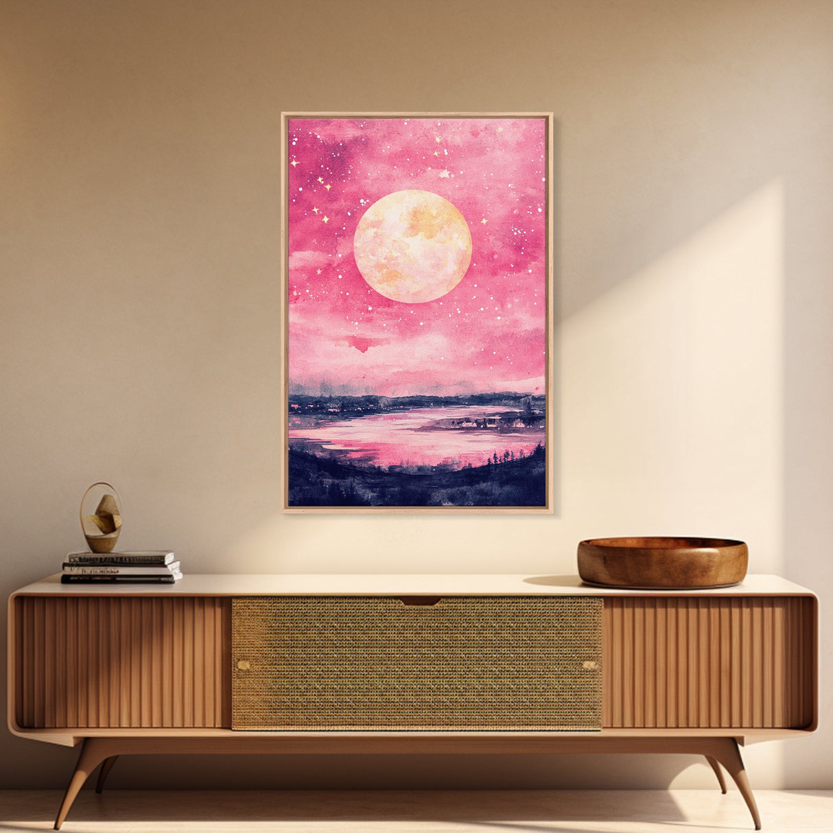 Moonlit Sky over Lake Framed Canvas Print, Pink Night Landscape Painting Coastal Wall Art, Minimalist Bedroom or Guest Room Decor