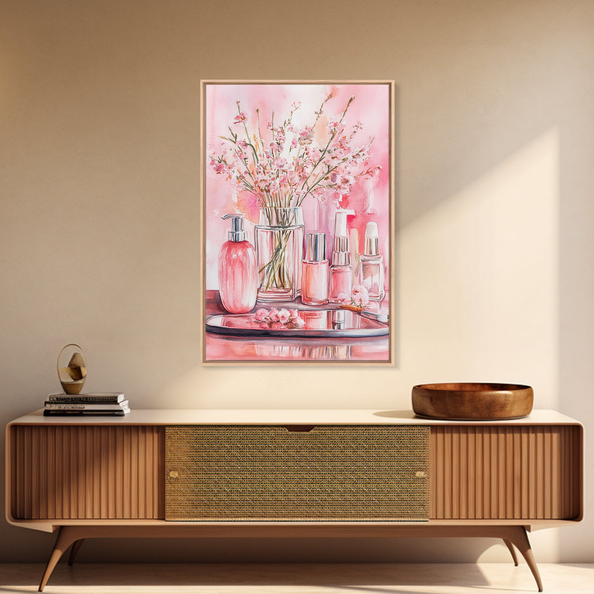 Pink wildflower botanical prints with glass bottles framed canvas print for bedroom or guest room rustic decor gift idea her wall art