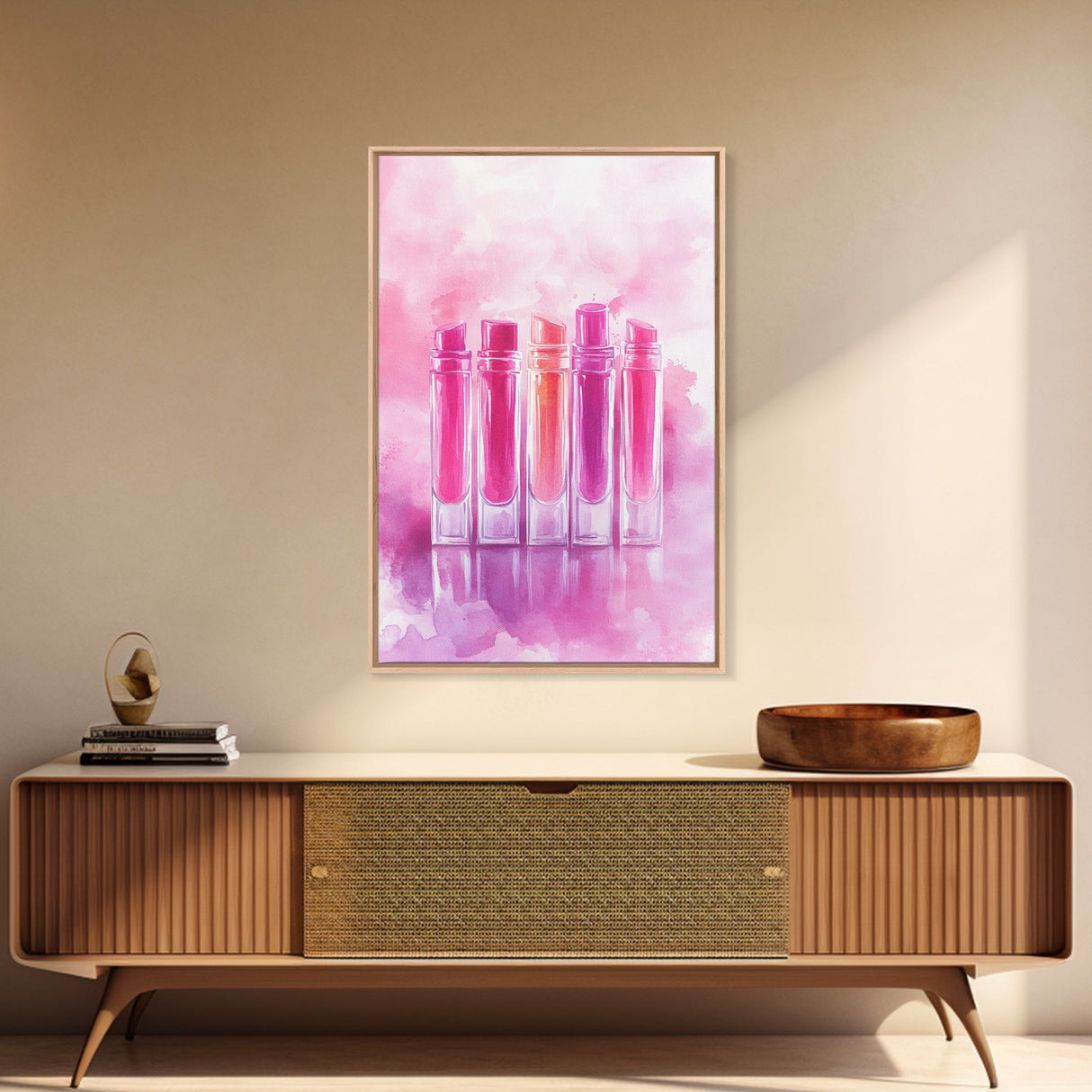 Vibrant lipstick art bold feminine wall decor framed canvas print perfect bedroom or guest room boho aesthetic rustic glam style gift