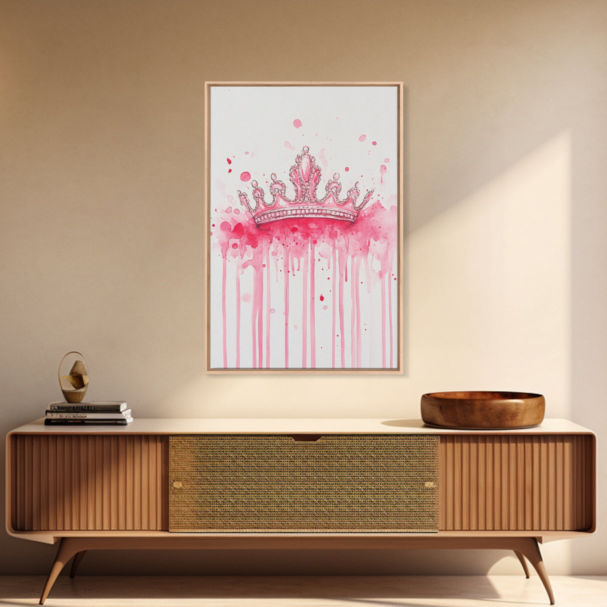 Pink Crown Canvas Print Framed Royal Aesthetic Art Whimsical Wall Art Light Pink Accent Bedroom or Living Room Rustic Decor Gift