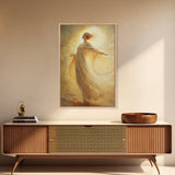 Radiant Golden Goddess Canvas Print, Stunning Angel Art Prints in Moody Style, Perfect Above Bed or as Warm Bedroom Wall Art