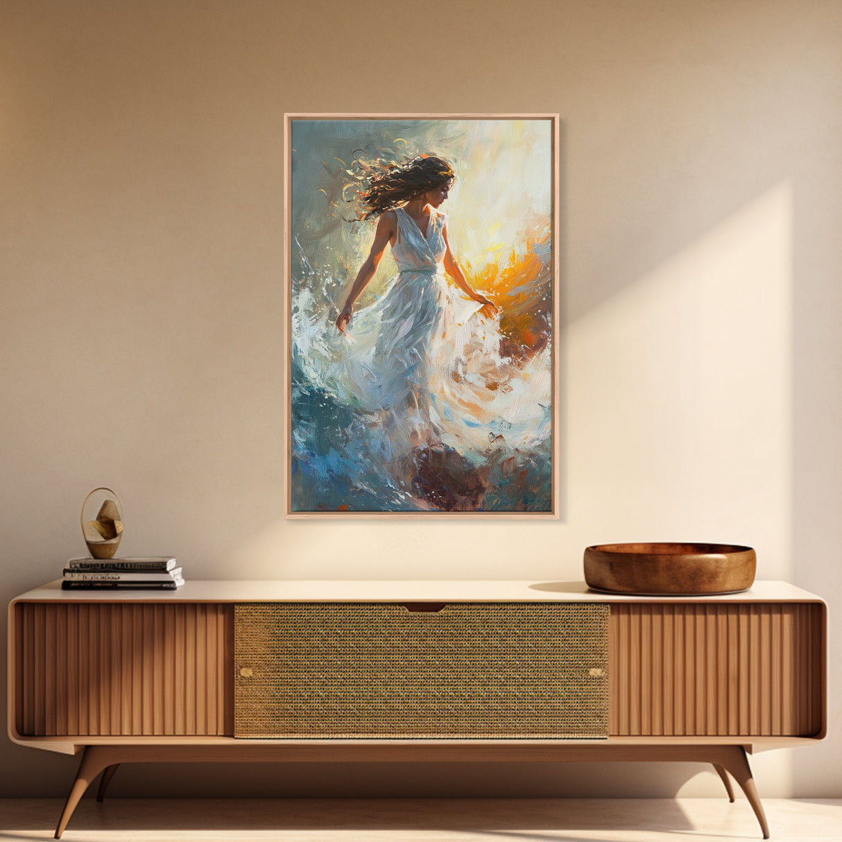 Ethereal Woman with Flowing Dress Framed Canvas Print, Dreamy Goddess Art Perfect as Above Sofa or Romantic Bedroom Wall Decor