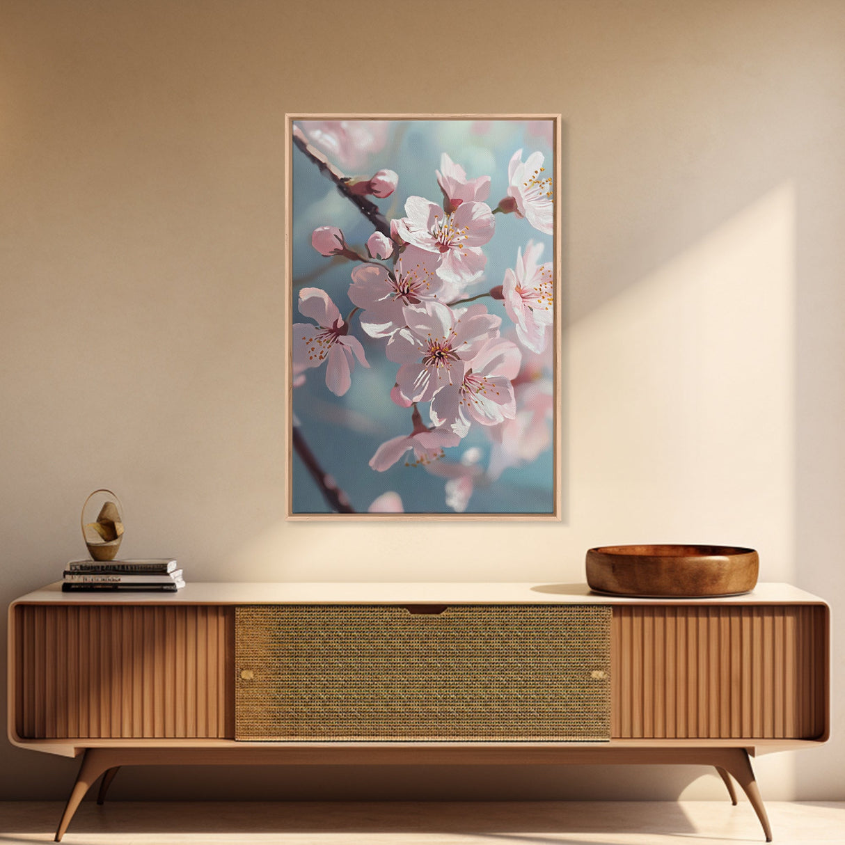 Japanese Sakura Canvas Print | Cherry Blossom Painting Art | Pastel Blue Floral Wall Art Gift Idea | Light Pink Bedroom Art