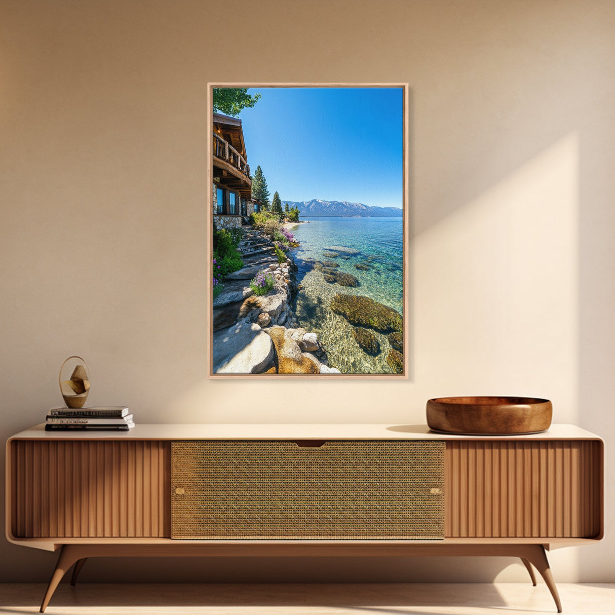 Lakeside Retreat Framed Canvas Print Coastal Landscape Art Nautical Wall Art Living Room Decor Lake Tahoe Art Rustic Decor Seascape Painting