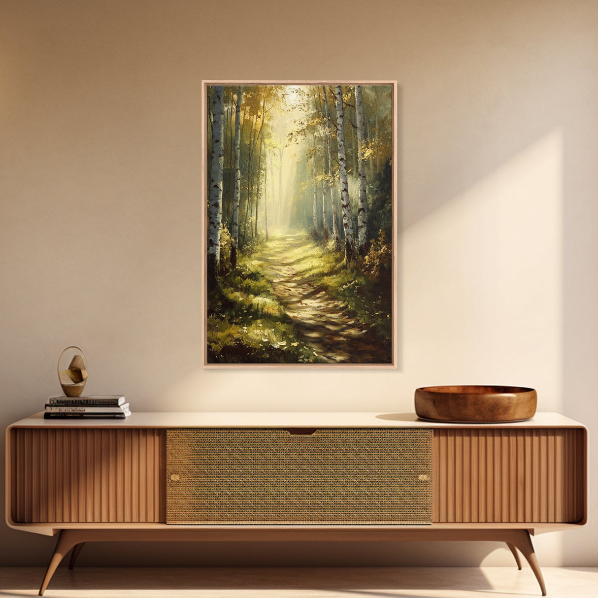 Birch Forest Path Framed Canvas Print Rustic Wall Art Farmhouse Wall Art Nature Landscape Art Above Bed Wall Art Fall Decor Living Room Art