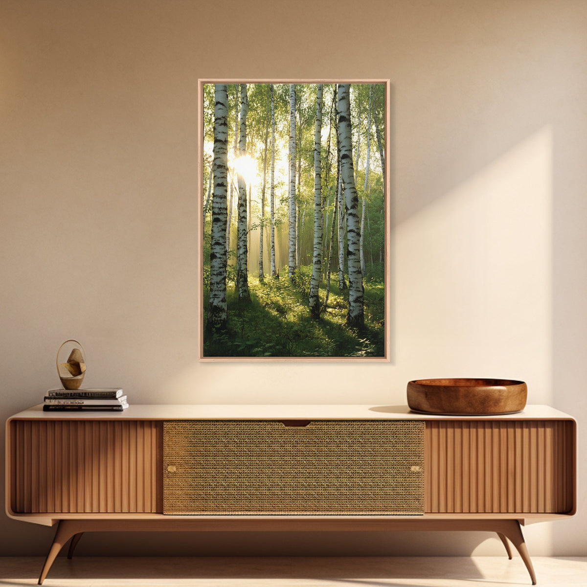 Morning Sunlight Birch Tree Art Canvas Print Natural Landscape Gift Rustic Farmhouse Vertical Artwork Home Decor Above Bed