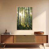 Morning Sunlight Birch Tree Art Canvas Print Natural Landscape Gift Rustic Farmhouse Vertical Artwork Home Decor Above Bed