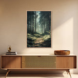 Forest Path Landscape Framed Canvas Print with Pine Tree Art, Rustic Decor and Serene Nature Above Sofa Artwork