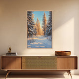 Winter Wonderland Framed Canvas Print, Snowy Forest Landscape Painting with Pine Tree Art, Cozy Rustic Wall Decor