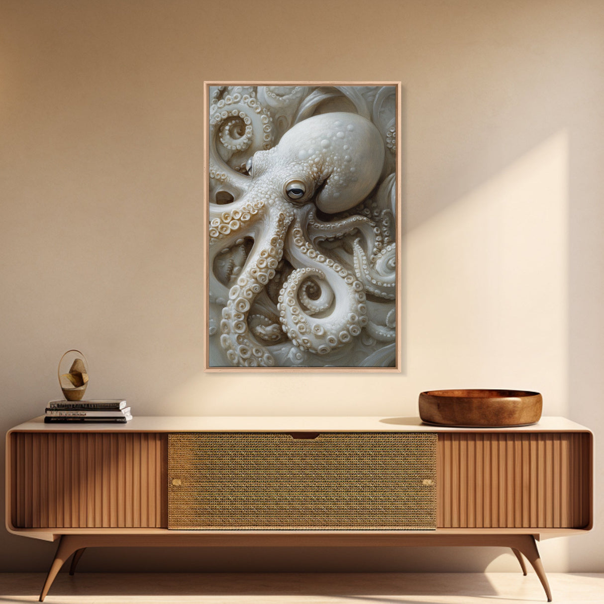 Octopus Art Framed Canvas Print with Intricate Nautical Decor and Ocean-Inspired Details, Rustic Coastal Wall Art Perfect Gift Idea