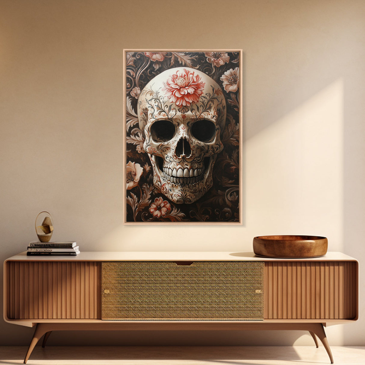 Skull Art Framed Canvas Print with Floral Botanical Prints in Gothic Chinoiserie Style, Perfect Halloween Rustic Wall Art Decoration