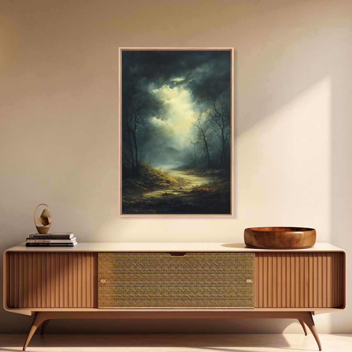 Forest at Dusk Framed Canvas Print with Moody Dark Romance Painting, Fall-Inspired Smoky Mountain Art Perfect Above Bed Wall Decor