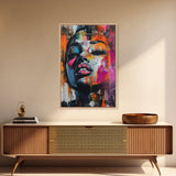 Vibrant Abstract Face Framed Canvas Print, Moody Woman Wall Art, Boho Living Room Decor, Gift Idea for Her, Unique Rustic Art