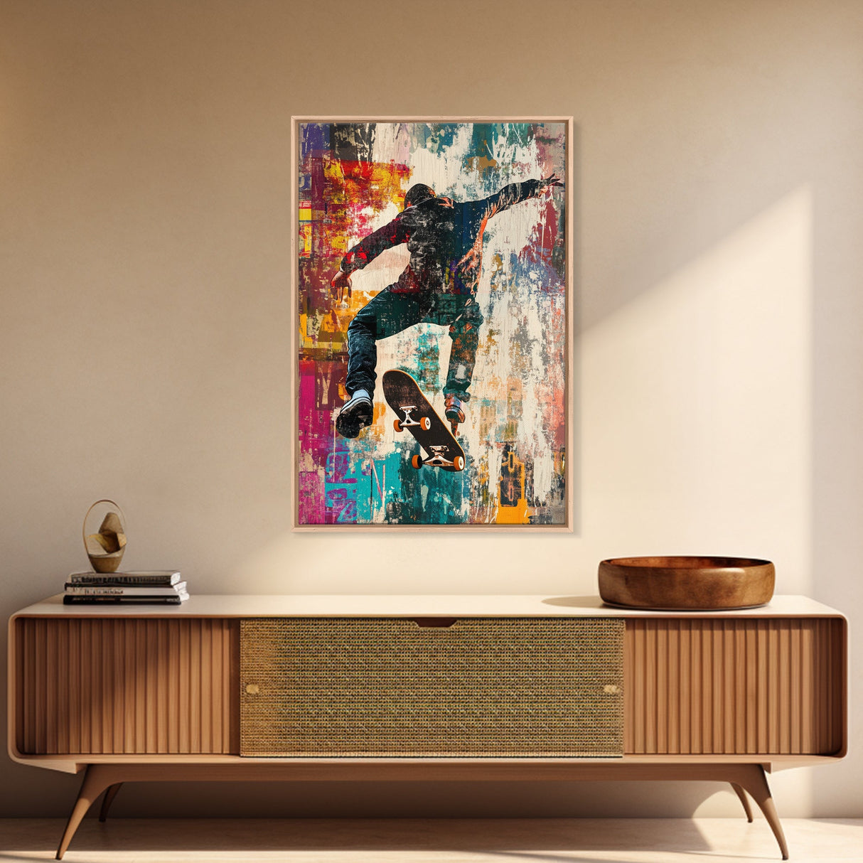 Urban Skater Canvas Print with Graffiti Wall Art and Street Style Design, Perfect for Modern Chicano Art Inspired Decor