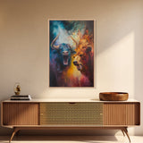 Bull and Bear Duel Framed Canvas Print Vibrant Moody Art Rustic Wall Art Unique Gift Idea Living Room Decor Animal Art Financial Market Theme