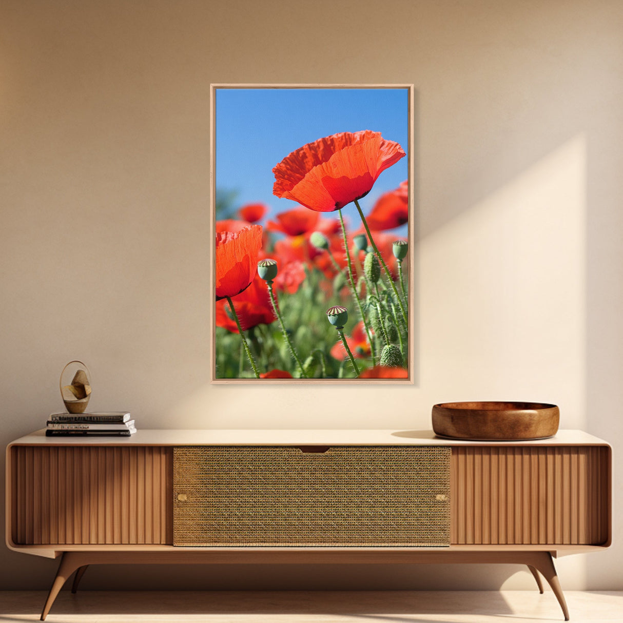 Vibrant Poppy Field Framed Canvas Print, California Poppy Art, Rustic Landscape Wall Art, Bedroom Art, Farmhouse Living Room Decor