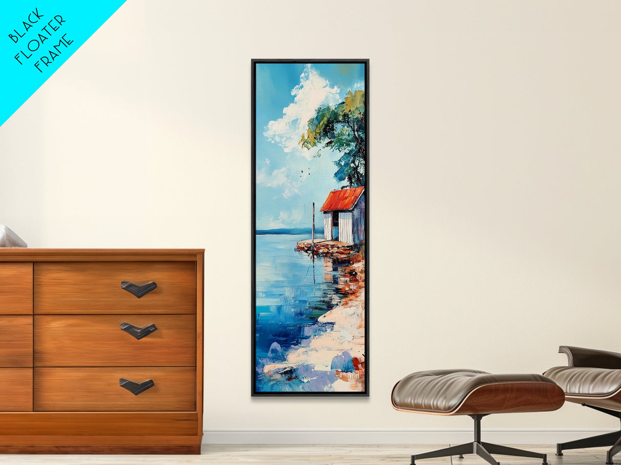 Lakeside Cabin, coastal landscape art, nautical decor, rustic art, beach house wall art, above bed wall art, Framed Canvas Print